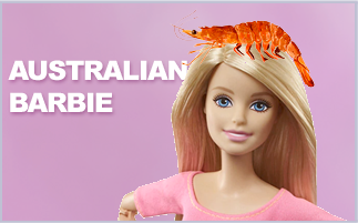 Australian Barbie. Barbie doll has a shrimp on her head.