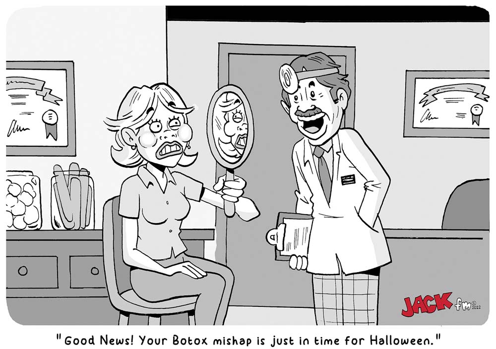 Cartoon of a woman who got too much botox just in time for Halloween