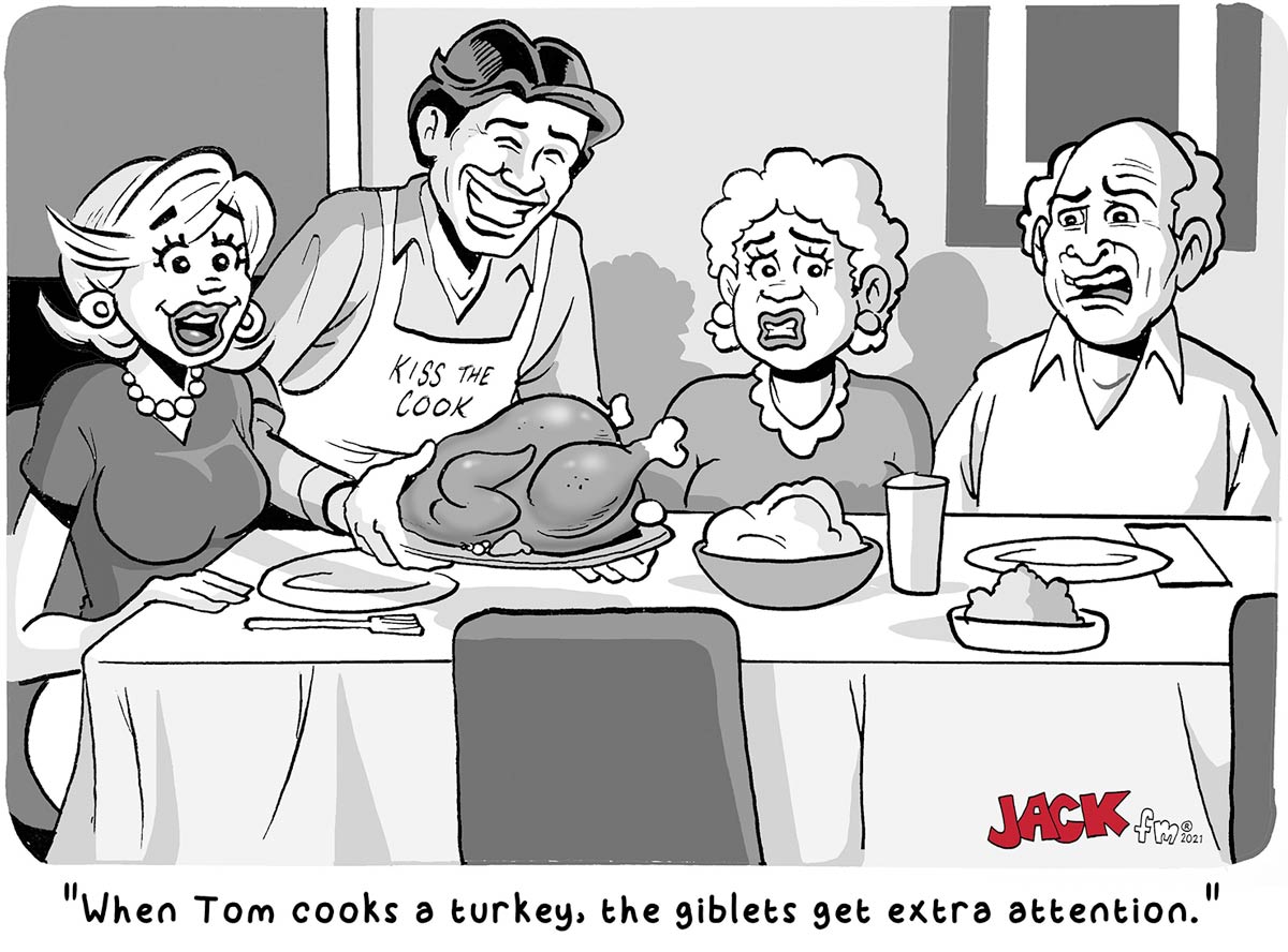 Cartoon of family enjoying turkey dinner