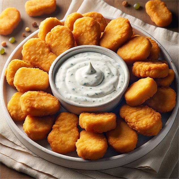 Groundhog nuggets on a platter with dipping sauce