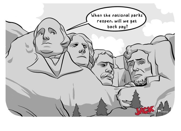 JACK FM government shutdown cartoon featuring Mount Rushmore presidents joking about back pay
